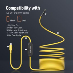 DEPSTECH Endoscope Camera with Lights, 7mm Slim Probe Borescope Inspection Camera with Bluart 3.0 Tech, 16.4ft Semi-Rigid Cable, IP67 Waterproof Snake Camera for IOS 12.0+ Device,Gadget for Men-Yellow