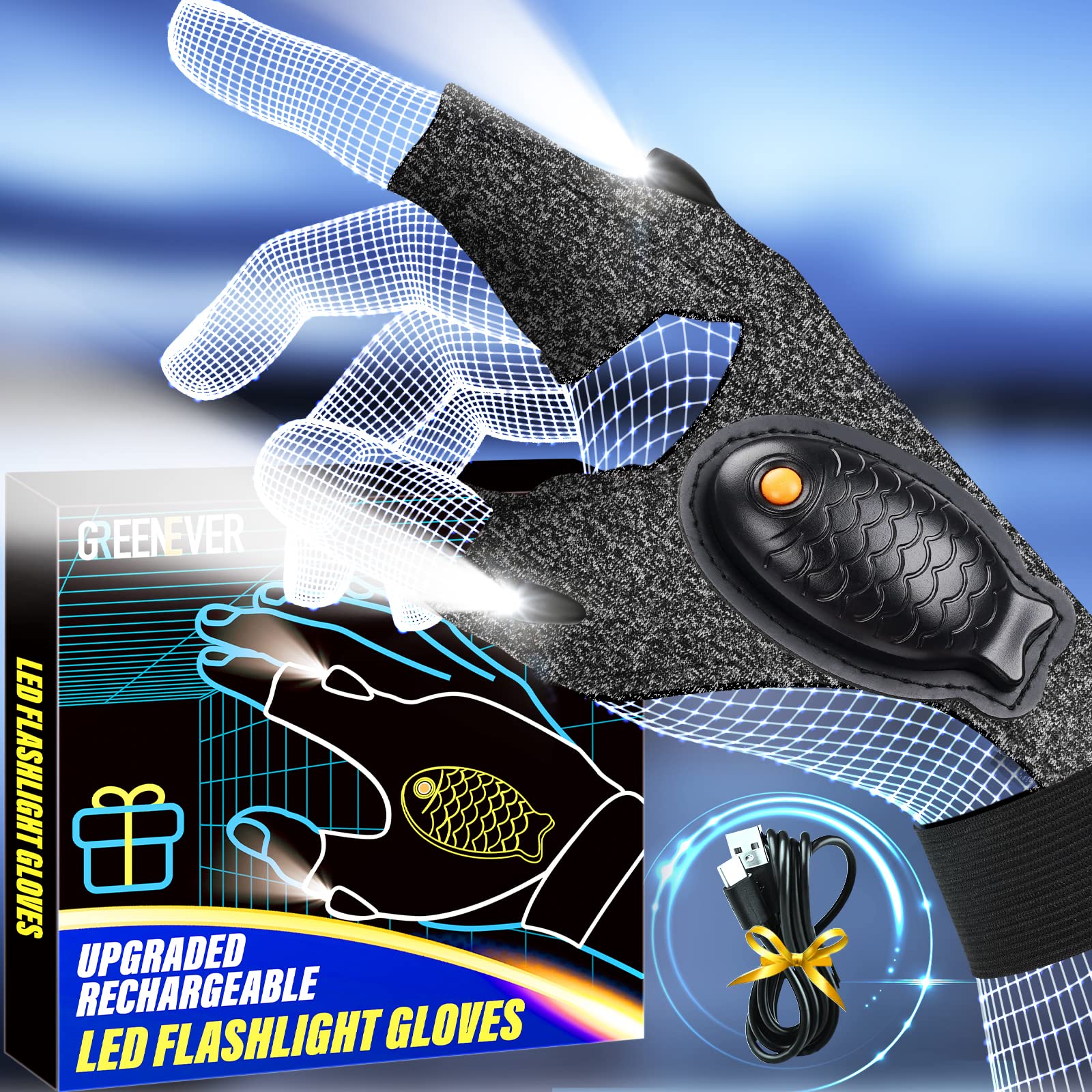 Stocking Stuffers for Men Gifts Christmas LED Flashlight Waterproof Gloves - Rechargeable Flashlight Gloves Birthday Gifts for Dad Adults Women Cool Gadgets Fishing Camping Tools Gloves with Lights