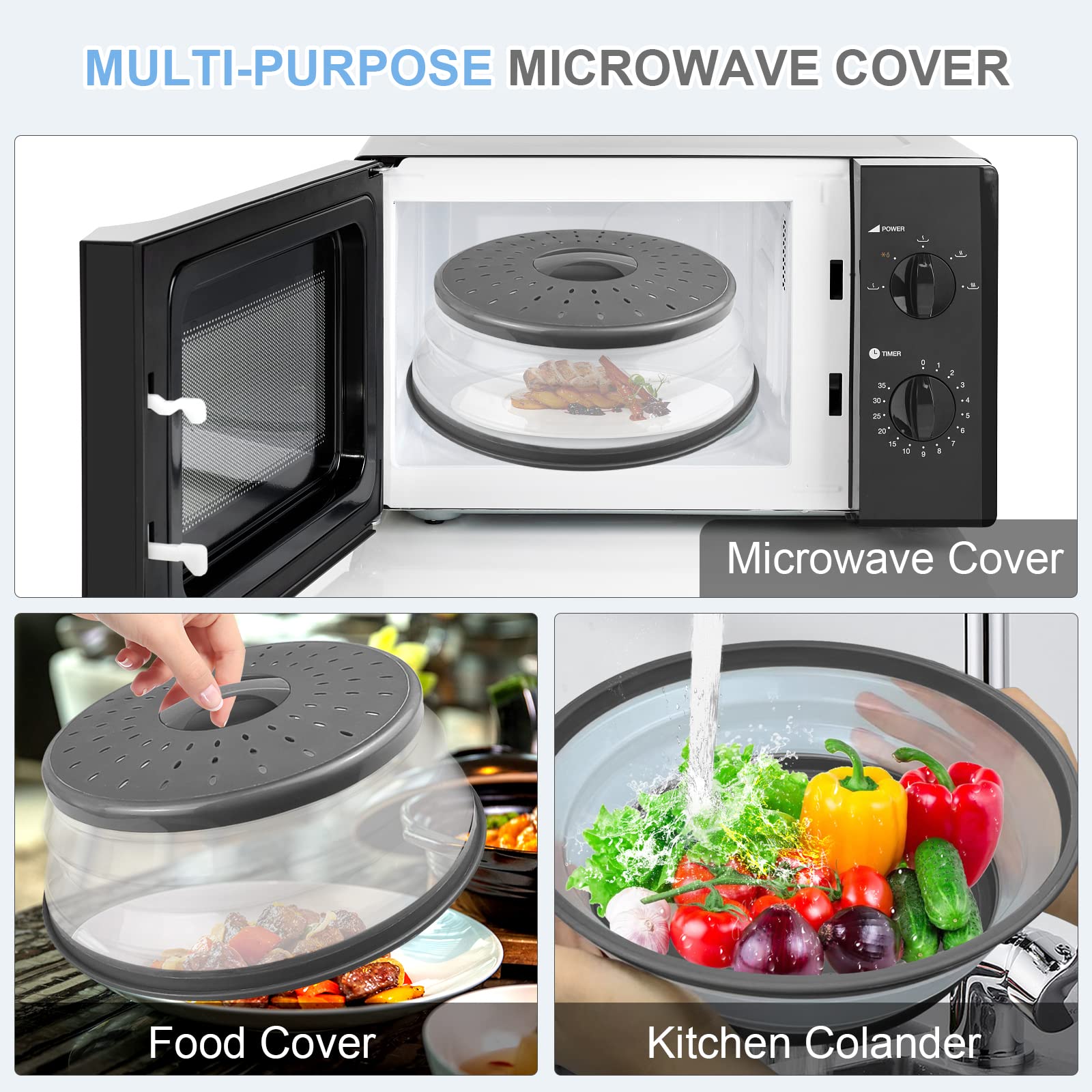 Easy Grip, Microwave Cover for food, LekDrok Microwave Splatter Guard, Collapsible Lid for Plate Dish Bowl, Multi-Purpose Colander Kitchen Gadget for Meal Prep, Dishwasher-Safe, BPA-Free, Charcoal