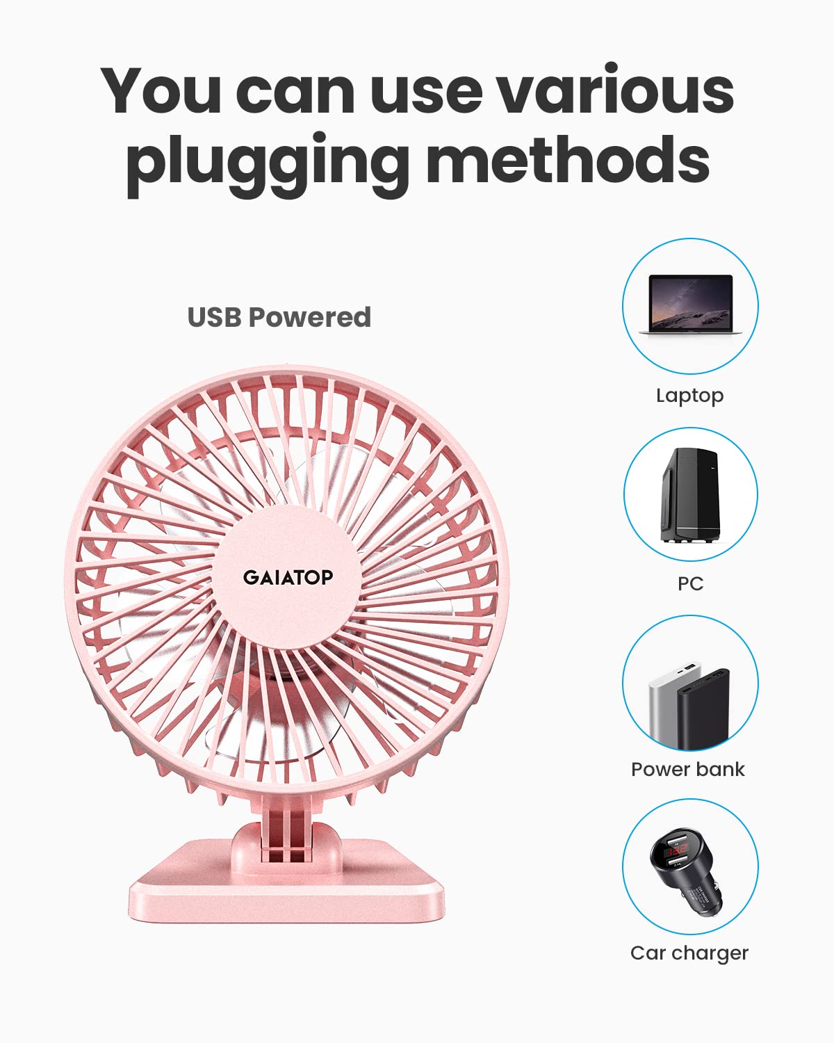 Gaiatop USB Desk Fan, Small But Powerful, Portable Quiet 3 Speeds Wind Desktop Personal Fan, Adjustment Mini Fan Table Fan for Better Cooling, Home Office Car Indoor Outdoor(Pink)