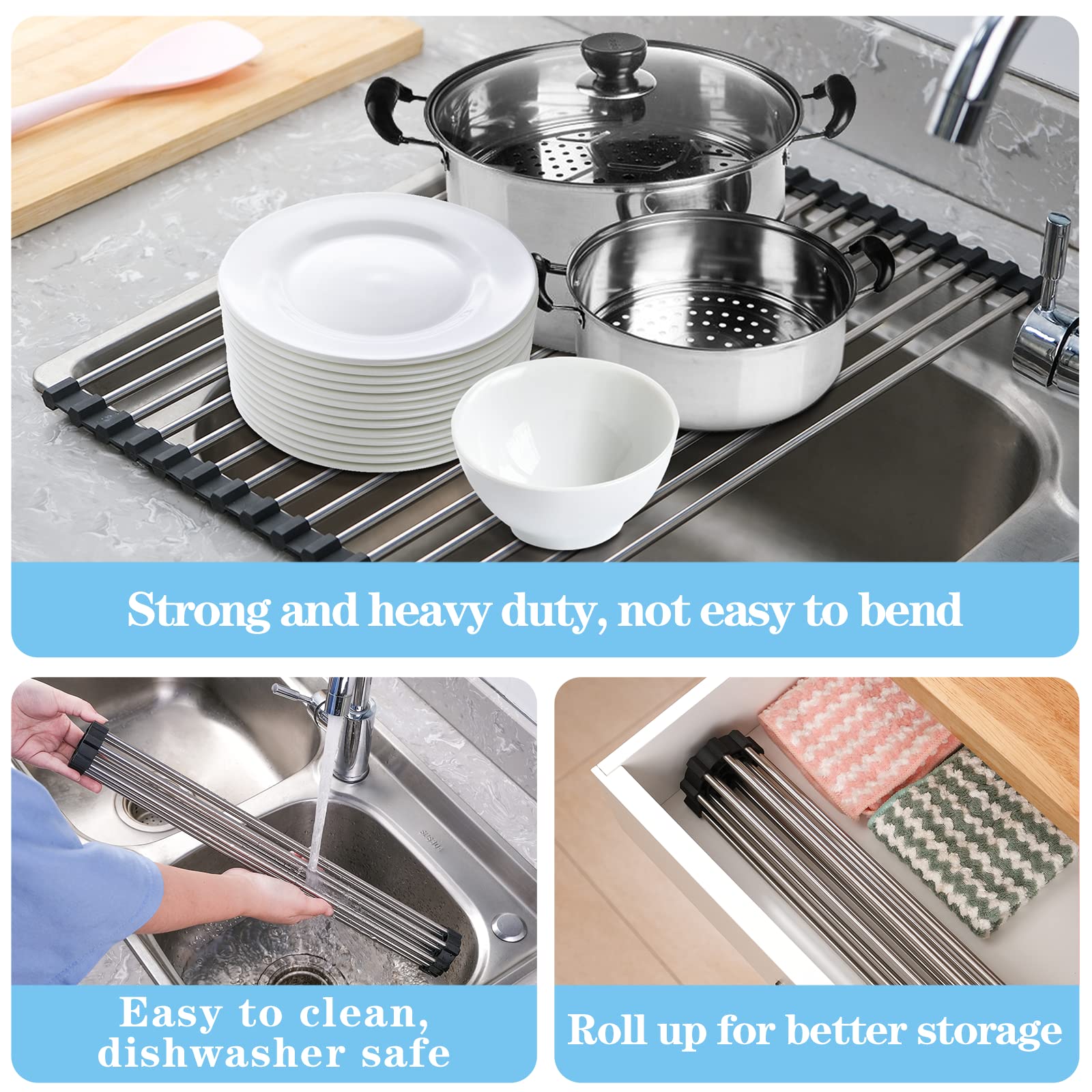 Seropy Roll Up Dish Drying Rack Over The Sink Drying Rack for Kitchen Counter, Rolling Dish Rack over Sink Mat, Foldable Dish Drainer Stainless Steel Sink Rack Kitchen Organization Gadgets