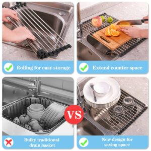 Seropy Roll Up Dish Drying Rack Over The Sink Drying Rack for Kitchen Counter, Rolling Dish Rack over Sink Mat, Foldable Dish Drainer Stainless Steel Sink Rack Kitchen Organization Gadgets