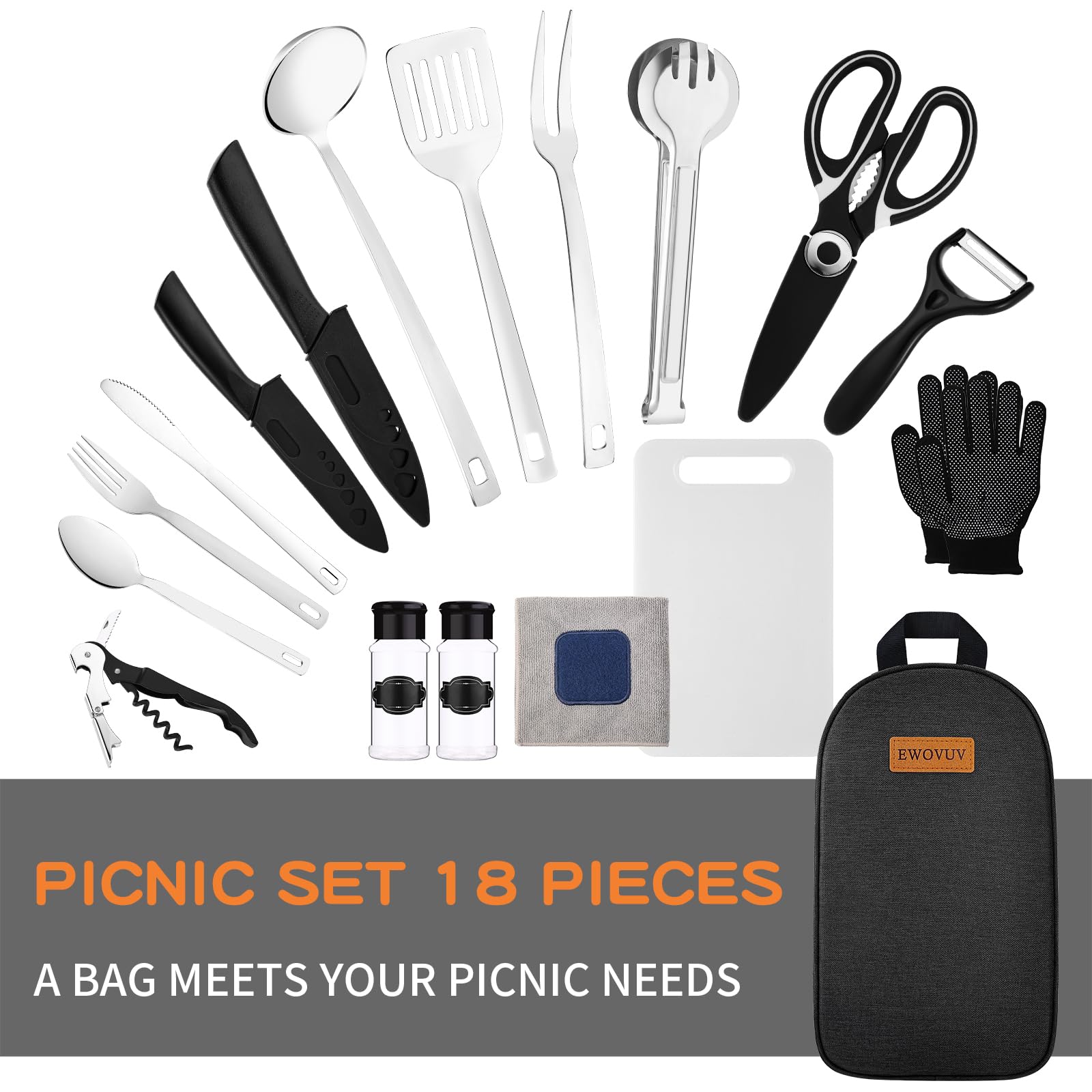 Camping Cooking Utensils Set- Camping Essentials Cookware Camp Accessories Gear Must Haves Camper Tent Camp Kitchen Rv Gadgets Outdoor Stove Portable Picnic Gifts for Women BBQ Stuff (Black)