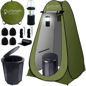outsmart gadgets portable toilet kit for adults with camping night lantern, folding xl toilet seat, pop up privacy tent and carry bags, multipurpose potty, washable foldable for rv and travel