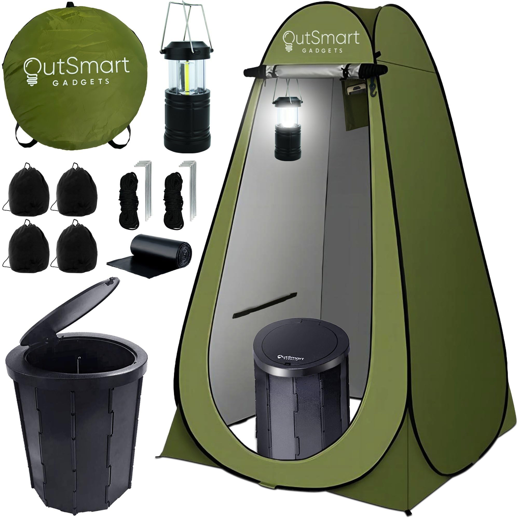 Outsmart Gadgets Portable Toilet Kit For Adults with Camping Night Lantern, Folding XL Toilet Seat, Pop Up Privacy Tent and Carry Bags, Multipurpose Potty, Washable Foldable for RV and Travel