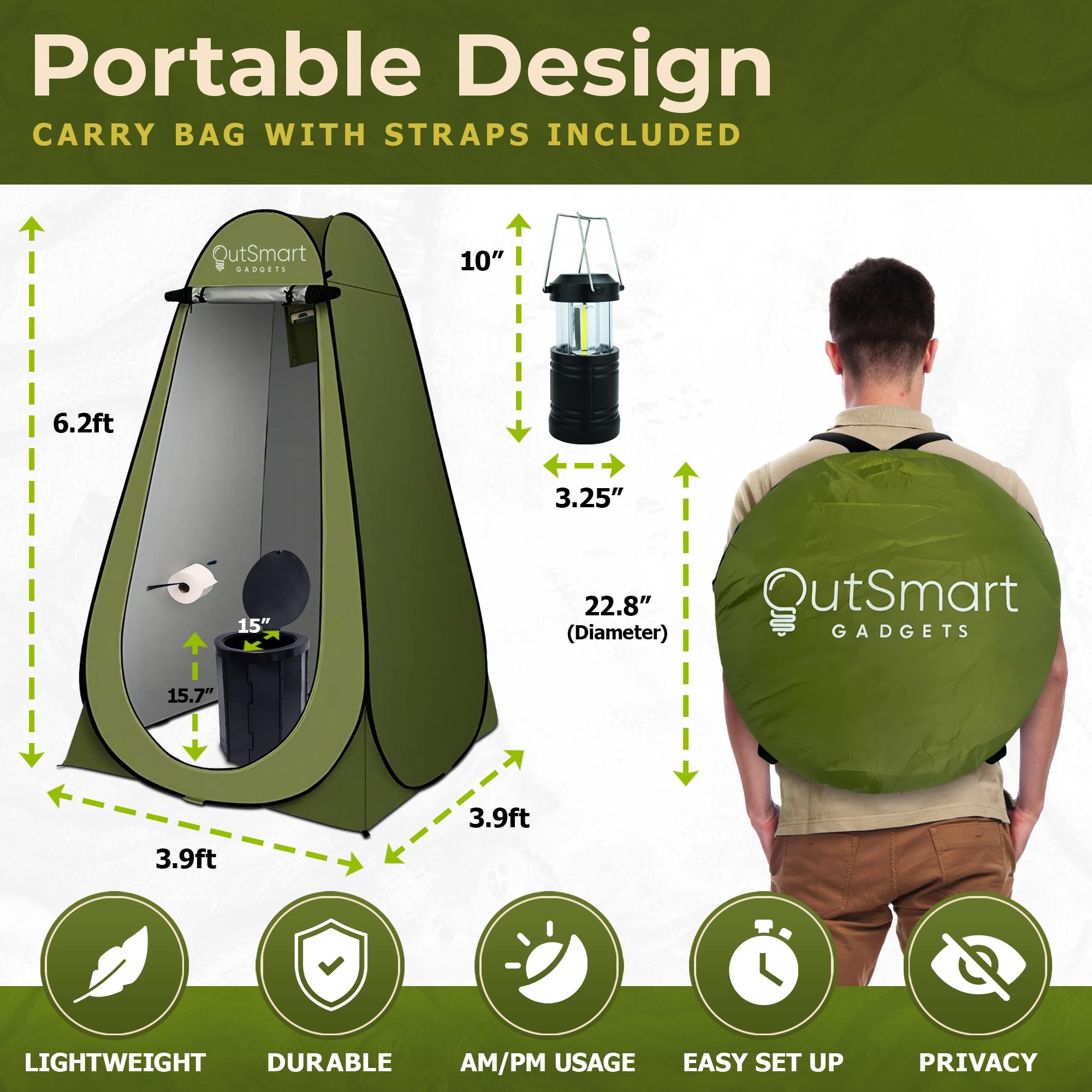 Outsmart Gadgets Portable Toilet Kit For Adults with Camping Night Lantern, Folding XL Toilet Seat, Pop Up Privacy Tent and Carry Bags, Multipurpose Potty, Washable Foldable for RV and Travel