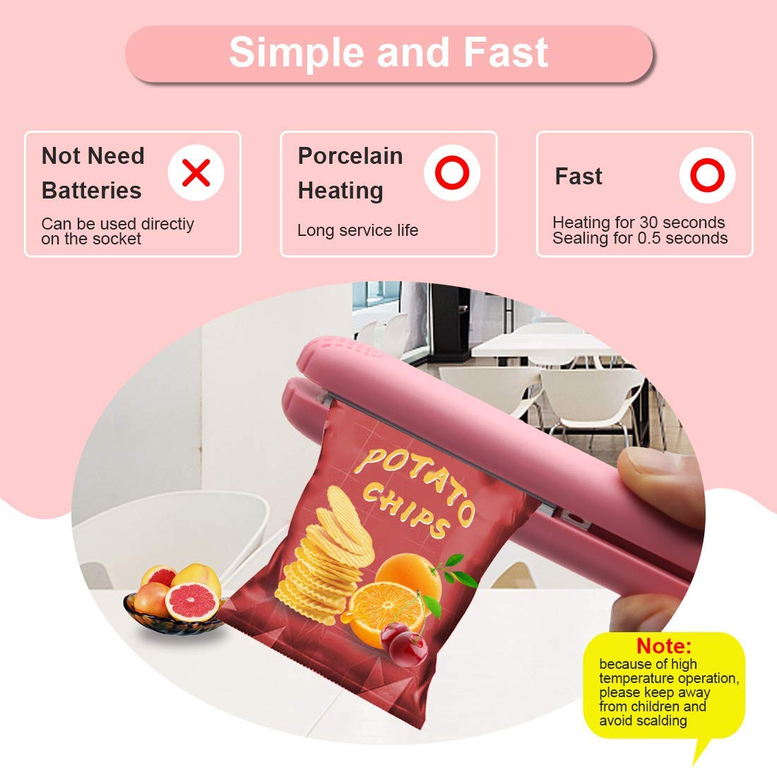 Bag Sealer Heat Seal Chip Bag Sealer Handheld Heat SealerClips Kitchen Gadgets Food Sealer Bag Resealer for Heat Sealing Machine for Chip Bags Snack Bags Plastic Bags Sealer Bags for Food(Pink)