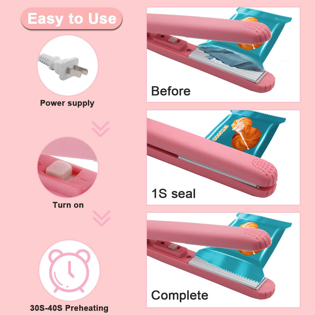 Bag Sealer Heat Seal Chip Bag Sealer Handheld Heat SealerClips Kitchen Gadgets Food Sealer Bag Resealer for Heat Sealing Machine for Chip Bags Snack Bags Plastic Bags Sealer Bags for Food(Pink)