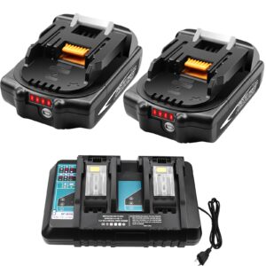 2PACK 3000mAh BL1860B Replacement Battery and Charger for Makita 18V Battery Lithium-ion Compatible with Makita 18 Volt Battery BL1860 BL1850 BL1850B BL1840 BL1840B BL1830 BL1830B BL1815 Dual Charger