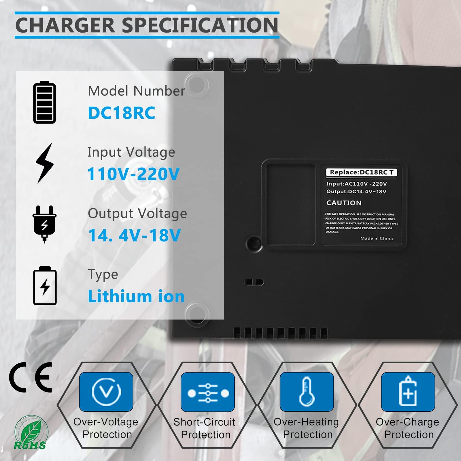 18 Volt Replacement Charger DC18RC Compatible with Makita 14.4V-18V Battery Lithium-Ion BL1815 BL1830 BL1840 BL1845 BL1850 BL1860