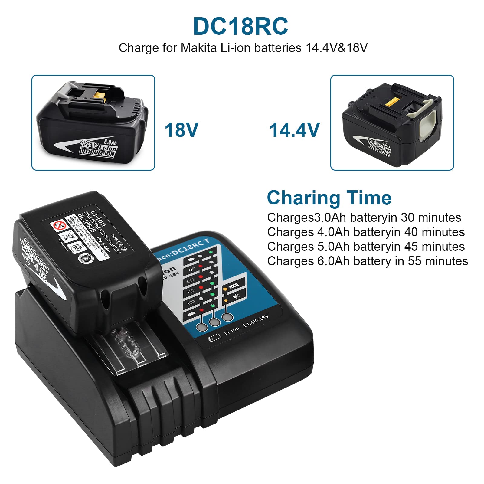 DC18RC 18V Battery Replacement Charger Compatible with Makita 14.4V-18V LXT Battery Lithium-Ion BL1815 BL1830 BL1840 BL1845 BL1850 BL1430 BL1440 BL1450 BL1860