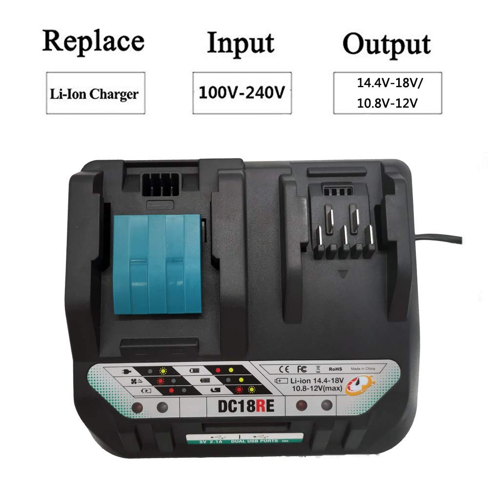 Replacement DC18RE 10.8V-18V for Makita Lithium ion Power Tool Battery Double Charger (Without Fan)