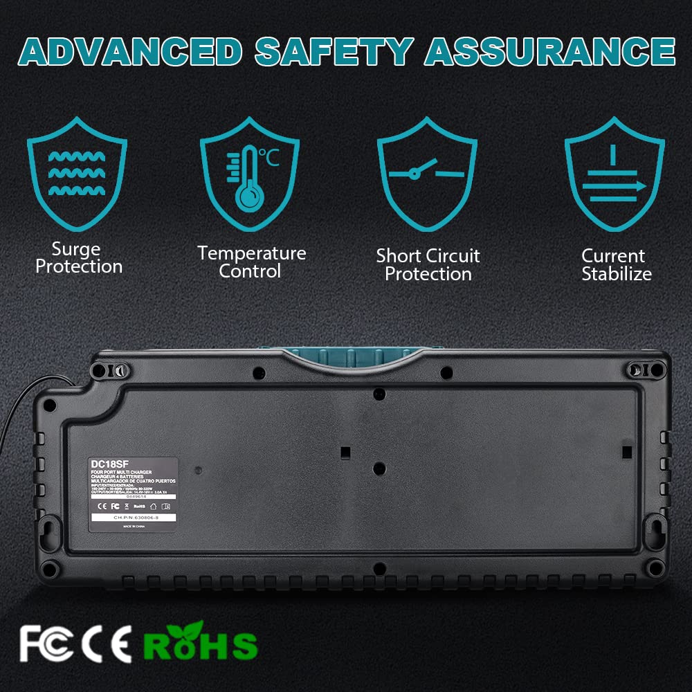 DC18SF 18V LXT Lithium‑Ion 4-Port Battery Charger, Philophca Rapid Charger with Dual USB Port Replace for Makita 18 Volt Battery Charger DC18RC DC18RD DC18RA Compatible with Makita 14.4V-18V BL1830