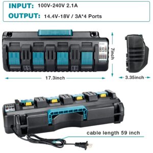 DC18SF 18V LXT Lithium‑Ion 4-Port Battery Charger, Philophca Rapid Charger with Dual USB Port Replace for Makita 18 Volt Battery Charger DC18RC DC18RD DC18RA Compatible with Makita 14.4V-18V BL1830