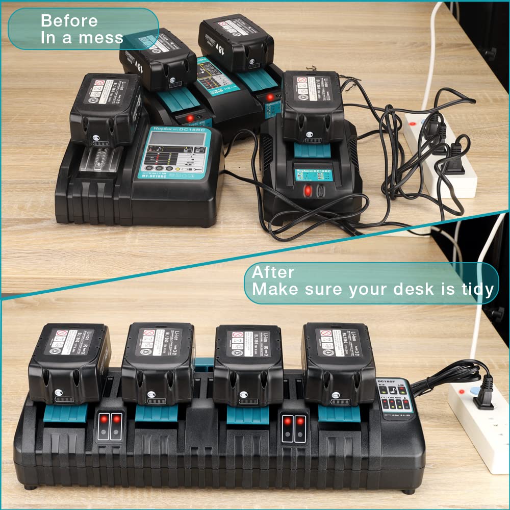 DC18SF 18V LXT Lithium‑Ion 4-Port Battery Charger, Philophca Rapid Charger with Dual USB Port Replace for Makita 18 Volt Battery Charger DC18RC DC18RD DC18RA Compatible with Makita 14.4V-18V BL1830