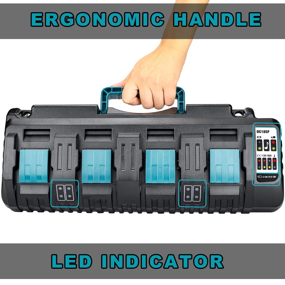 DC18SF 18V LXT Lithium‑Ion 4-Port Battery Charger, Philophca Rapid Charger with Dual USB Port Replace for Makita 18 Volt Battery Charger DC18RC DC18RD DC18RA Compatible with Makita 14.4V-18V BL1830