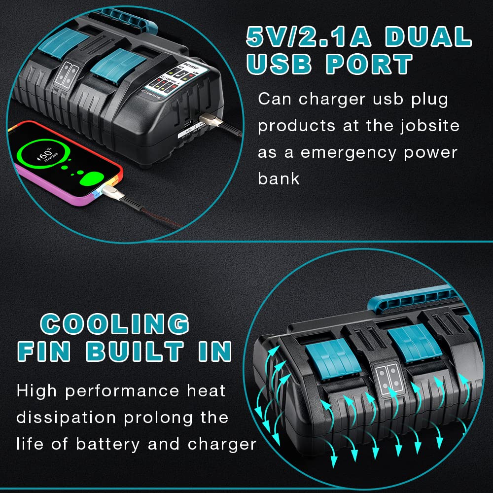 DC18SF 18V LXT Lithium‑Ion 4-Port Battery Charger, Philophca Rapid Charger with Dual USB Port Replace for Makita 18 Volt Battery Charger DC18RC DC18RD DC18RA Compatible with Makita 14.4V-18V BL1830