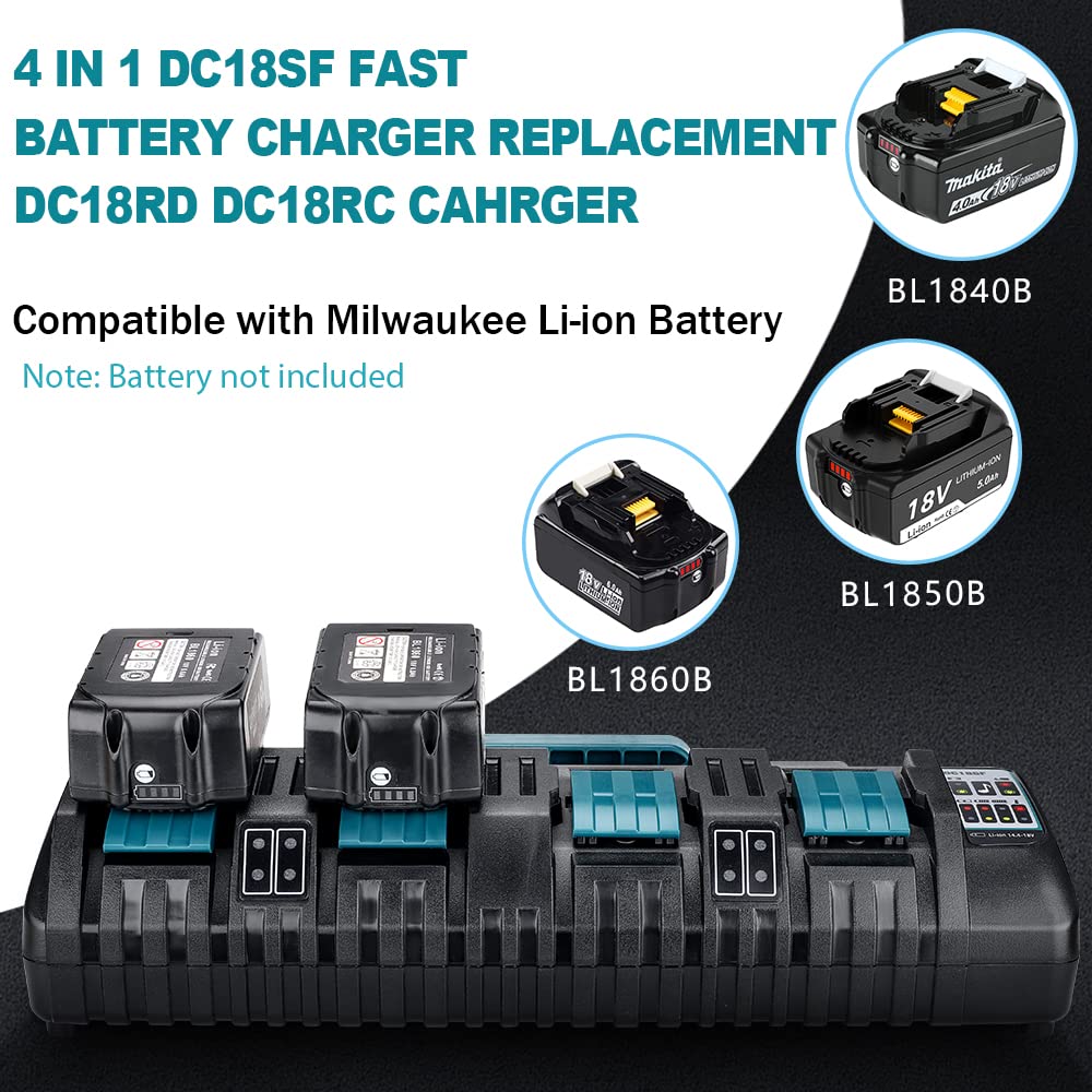 DC18SF 18V LXT Lithium‑Ion 4-Port Battery Charger, Philophca Rapid Charger with Dual USB Port Replace for Makita 18 Volt Battery Charger DC18RC DC18RD DC18RA Compatible with Makita 14.4V-18V BL1830