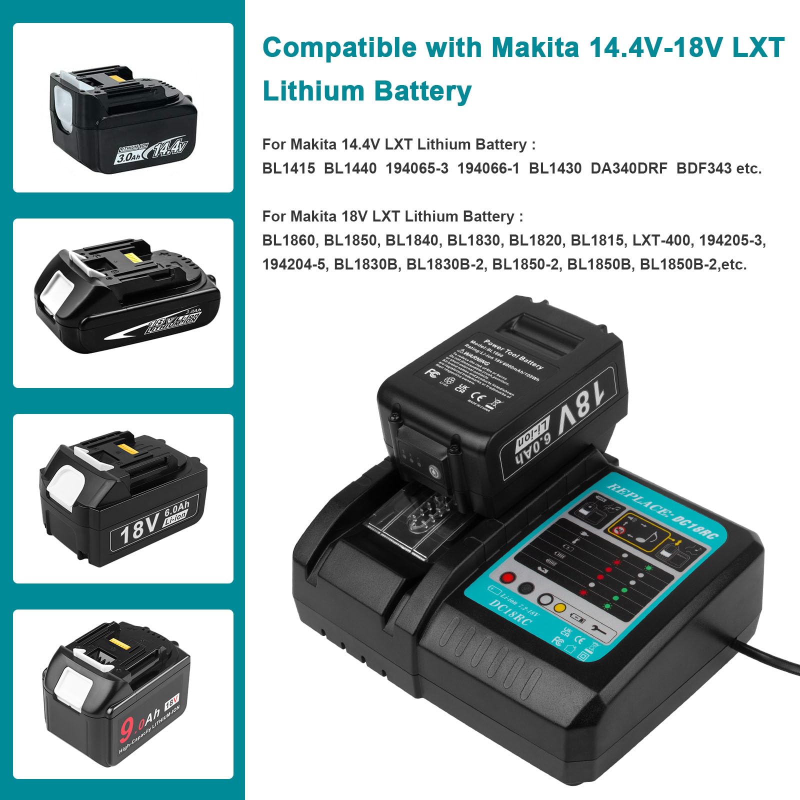 DC18RC 18V Battery Super Fast Charger Replace for All Makita 14.4V-18V Lithium Battery BL1415 BL1430 BL1450 BL1440 DC18RD DC18RC DC18RA DC18SF DC18SD 194065-3 194066-1 DA340DRF BDF343 (Not Original)