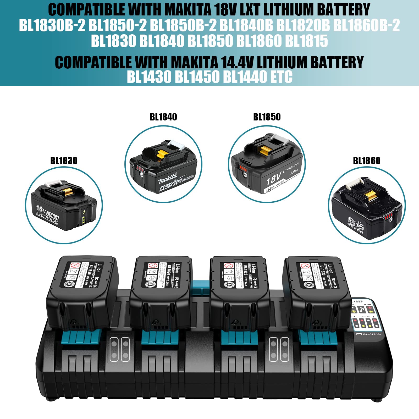 4 Port Battery Charger DC18SF for Makita 14.4V-18V Lithium Batteries BL1850 BL1830 BL1840 BL1860 for Makita 18v Fast Rapid Charger Station with 2 USB Ports(Tool Only)