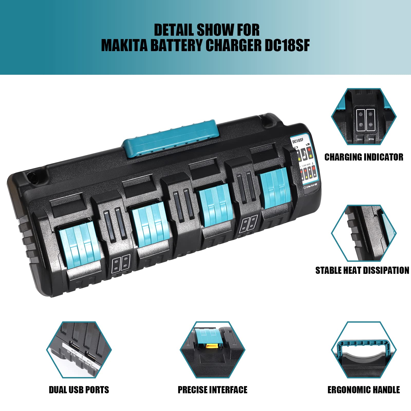 4 Port Battery Charger DC18SF for Makita 14.4V-18V Lithium Batteries BL1850 BL1830 BL1840 BL1860 for Makita 18v Fast Rapid Charger Station with 2 USB Ports(Tool Only)