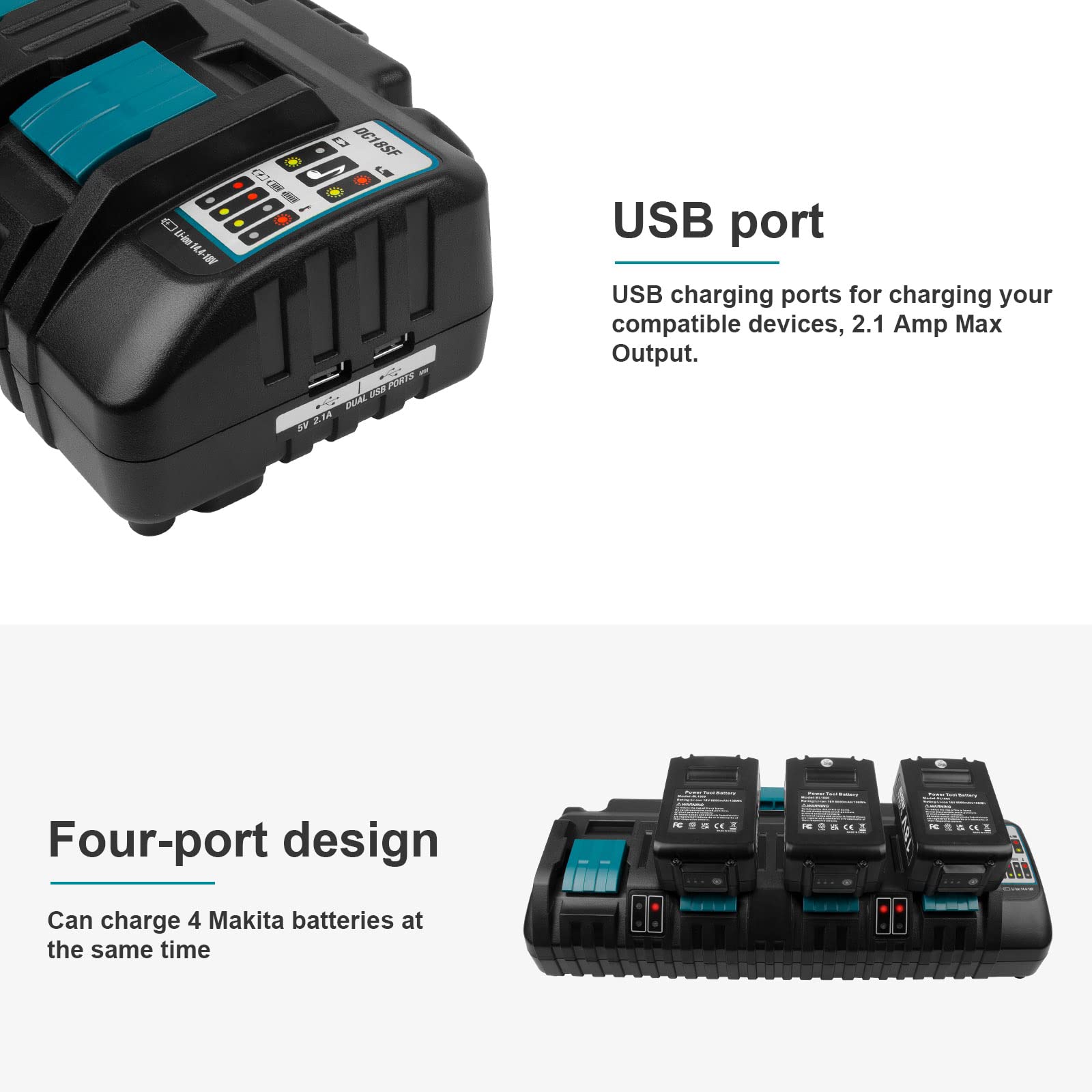 Fancy Buying 4-Port 18V DC18SF Fast Charger with Dual USB Port Compatible with Makita 14.4V 18V LXT Li-ion BL1830 BL1840 BL1850 BL1860 BL1815 BL1430, Replace Makita DC18SF DC18RC DC18RD DC18RA