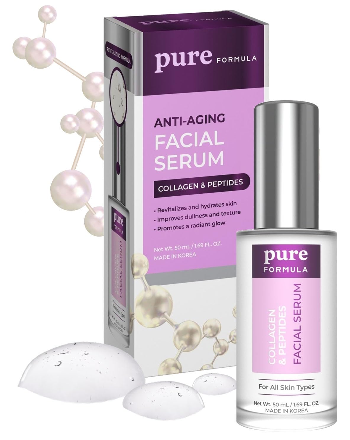 Pure Formula Collagen and Peptides Face Serum - Reduce Wrinkles & Fine Lines, Moisturizing, Skin Firming & Lifting Facial Serum - Cruelty Free Korean Skin Care For All Skin Types - 1.69 Fl. oz/ 50ml