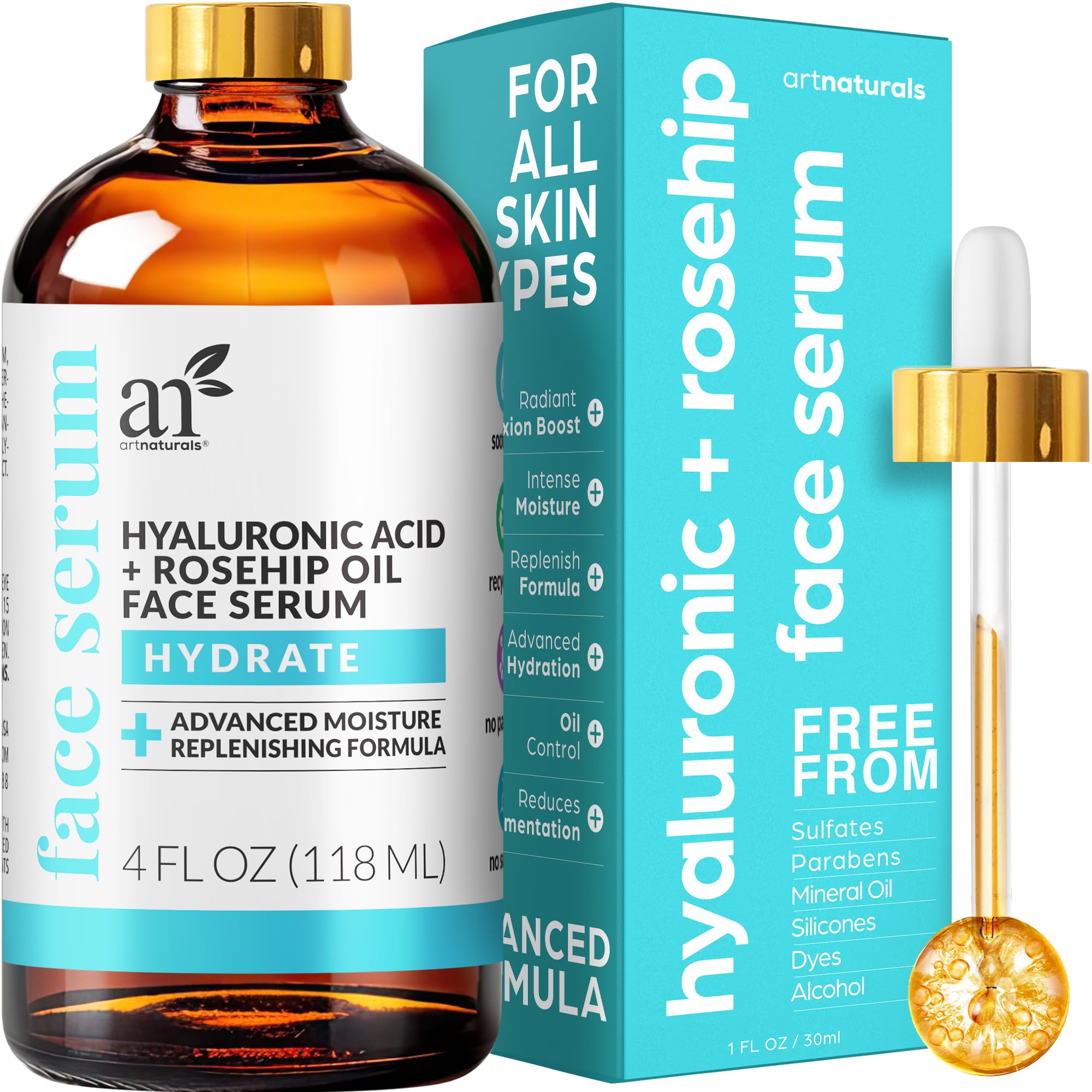 ArtNaturals Hyaluronic Acid Serum (4 Fl Oz / 118ml) - Anti- Aging Facial Serum, Natural Moisturizer w/Vitamin C Serum & Vitamin E - for Skin Care - Reduce Wrinkles & Dark Spots for Brightening Face