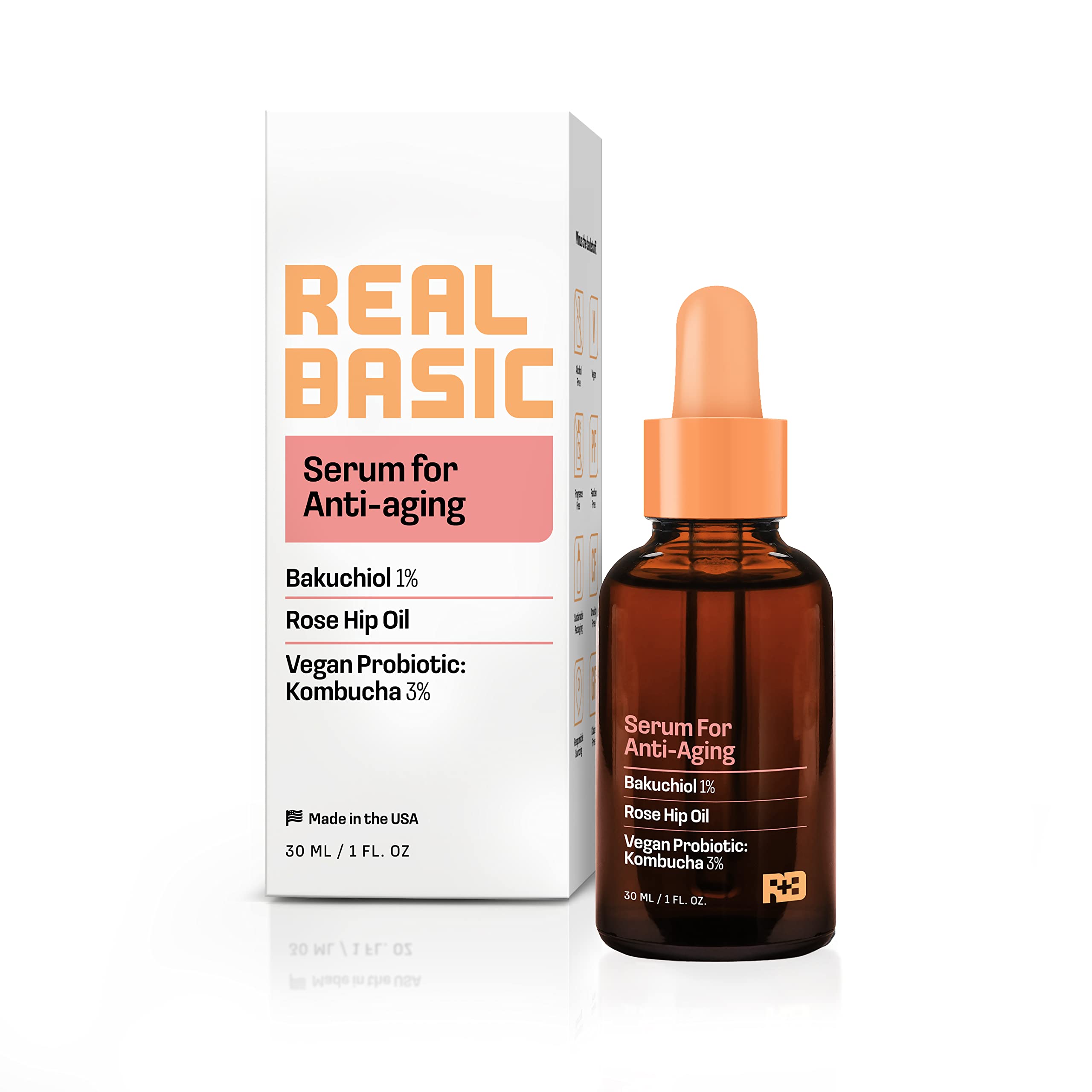 Real Basic Serum for Anti-Aging with Bakuchiol, Rose Hip Oil and Vegan Probiotic Kombucha 1 oz. - Backuchiol Anti Aging Serum & Bakuchiol Skin Renewal Serum