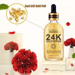 Voluxss 24K Gold Serum for Face, Skin Brightening Anti Aging Moisturizer with Vitamin C, Hyaluronic Acid & Argan Oil for Dark Spots & Fine Lines, Korean Skin Care Glow Collagen Booster Serum 3.38fl.oz