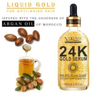 Voluxss 24K Gold Serum for Face, Skin Brightening Anti Aging Moisturizer with Vitamin C, Hyaluronic Acid & Argan Oil for Dark Spots & Fine Lines, Korean Skin Care Glow Collagen Booster Serum 3.38fl.oz