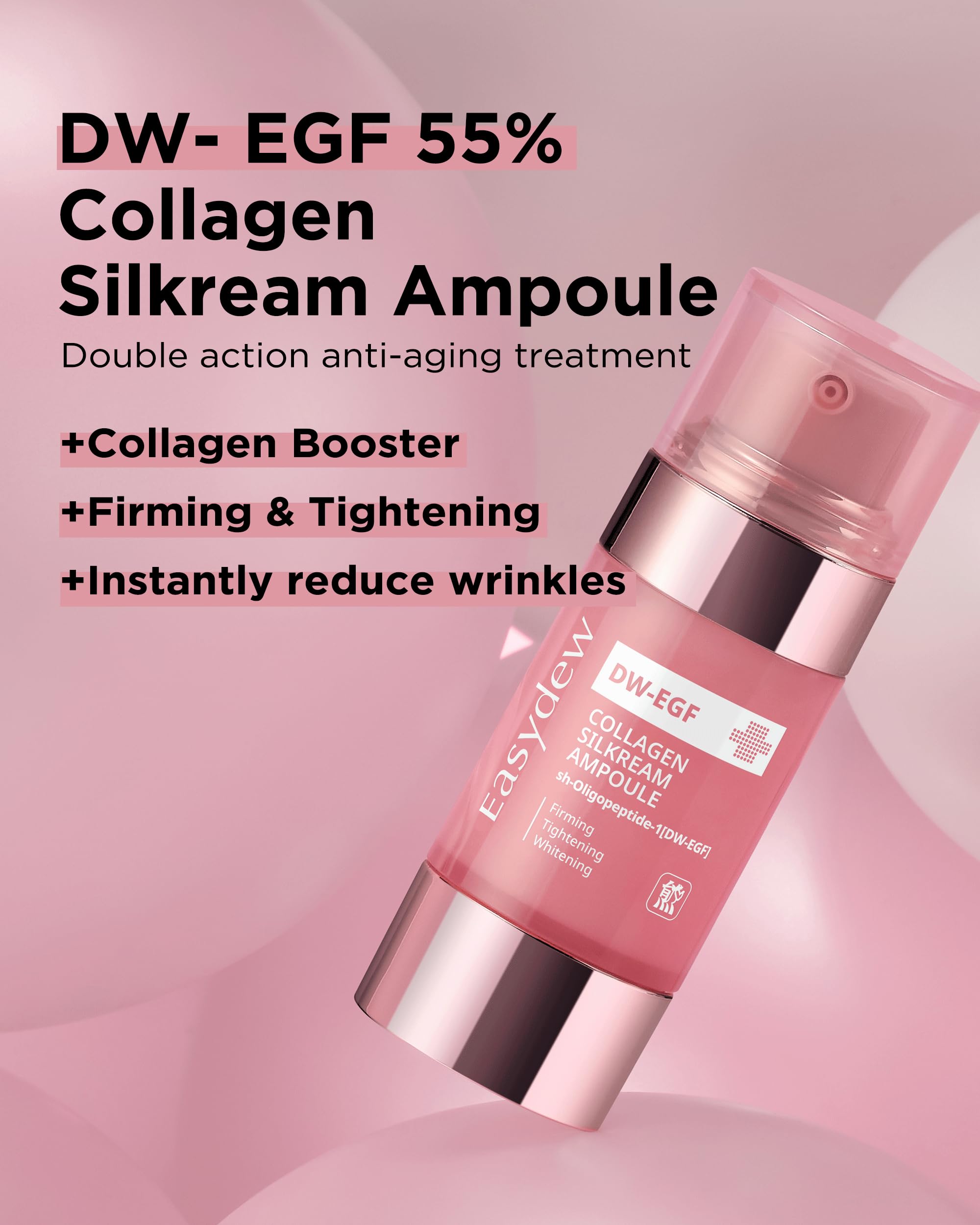 EASYDEW EGF 55% Collagen Silkream Ampoule- Korean Facial Serum for Firmness & Elasticity with Peptides, Amino Acids - Day & Night Anti Aging Silky Smooth Skincare, 1.86oz.