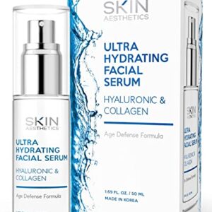 Skin Aesthetics Hyaluronic Acid and Collagen Face Serum - Reduce Wrinkles & Fine Lines, Locks in Moisture & Ultra Hydrating Facial Serum - Cruelty Free Korean Skin Care - All Skin Types - 1.69 Fl. oz