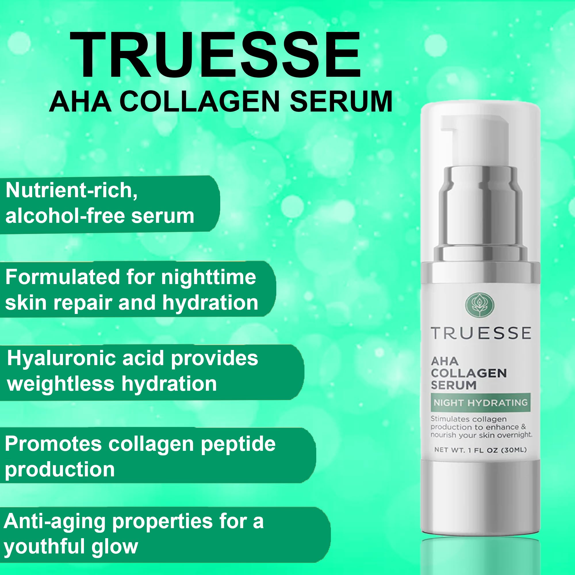 TRUESSE AHA Collagen Serum - Serum for Face - Collagen Peptide - Nighttime Moisturizer - Anti-Aging Serum - Overnight Facial Serum, 1 fl oz…