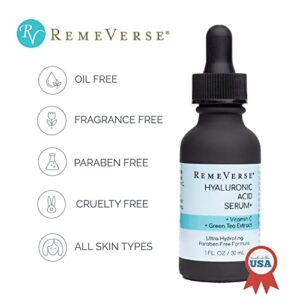 RemeVerse Hyaluronic Acid+ Serum 1 oz, 100% Pure Medical Grade Clinical Strength Hyaluronic Acid with Vitamin C and Green Tea Extract Anti-Aging Serum for Your Face, Lips and Décolleté.