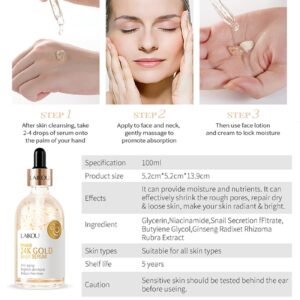 MIESCHER Snail Serum for Face,Hyaluronic Acid Serum with Vitamin B3 Oil Niacinamide Serum Facial 24k Gold Snail Collagen Reduces Fine Lines Brightening Nourishing Hydrating Face Serum Skincare Product