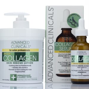 Advanced Clinicals Collagen Cream + Collagen Serum 2PC Set Bundle | Face Serum & Body Cream Moisturizer Lotion Plumping Skin Care Set & Kits For Wrinkles, Uneven Skin Tone, & Dry Skin, Fragrance Free