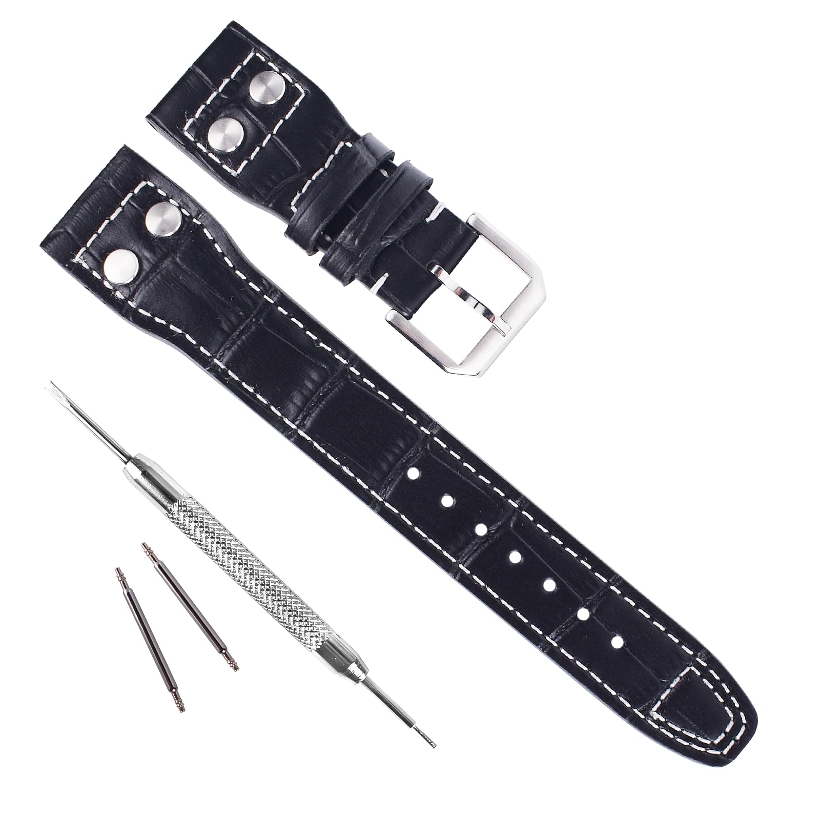 22mm Genuine Leather Watch Strap Band fit for IWC PILOT'S Watchs (Pin Buckle/Black)