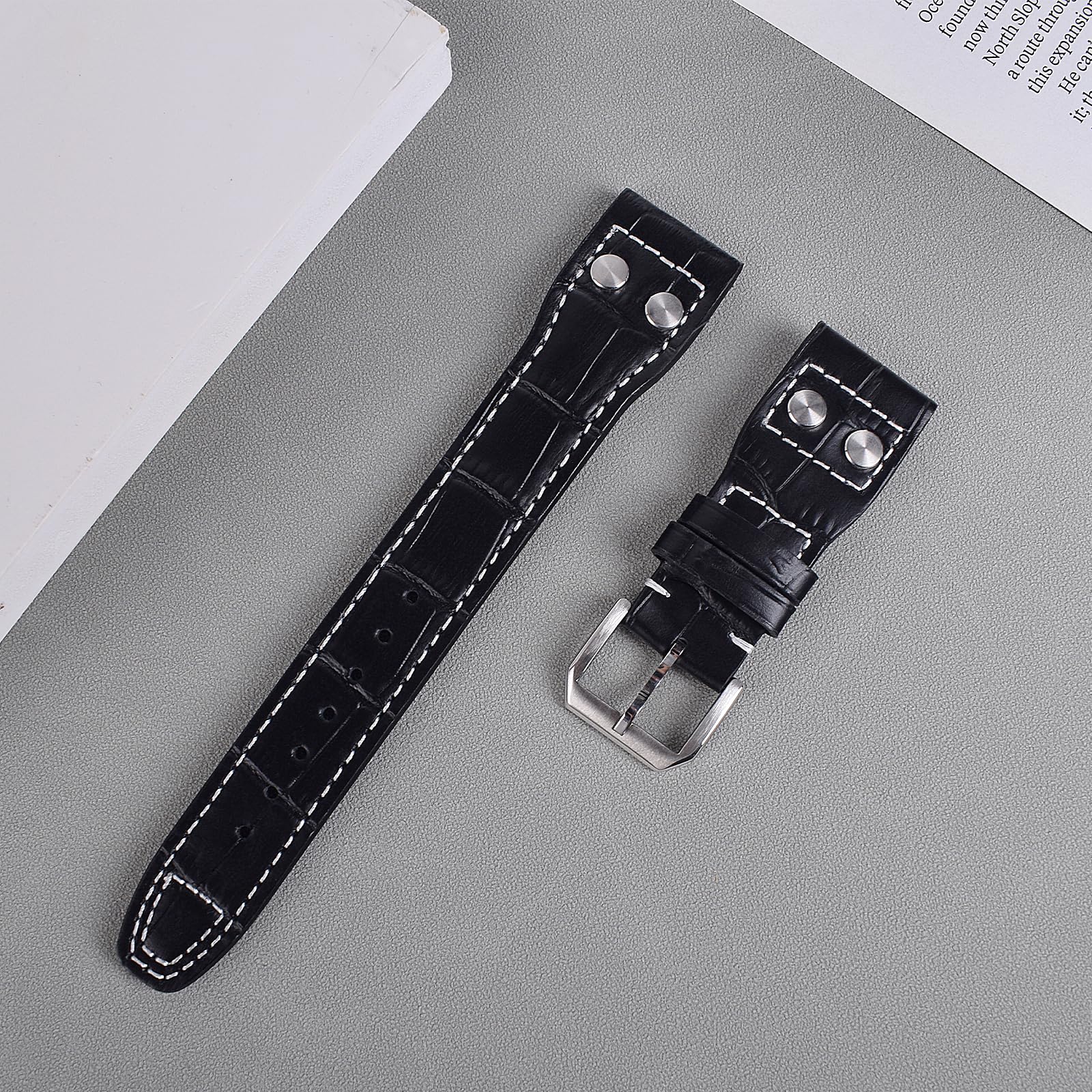 22mm Genuine Leather Watch Strap Band fit for IWC PILOT'S Watchs (Pin Buckle/Black)