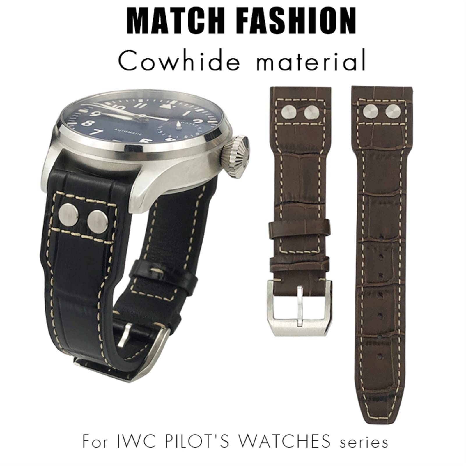 JWTPRO for IWC IW3777 IW3270 Mark 18 Big Pilot’s Watch Strap Soft Cowhide Bracelets 20mm 21mm 22mm Leather Watch Band (Color : Black Rivet Silver, Size : 20mm)