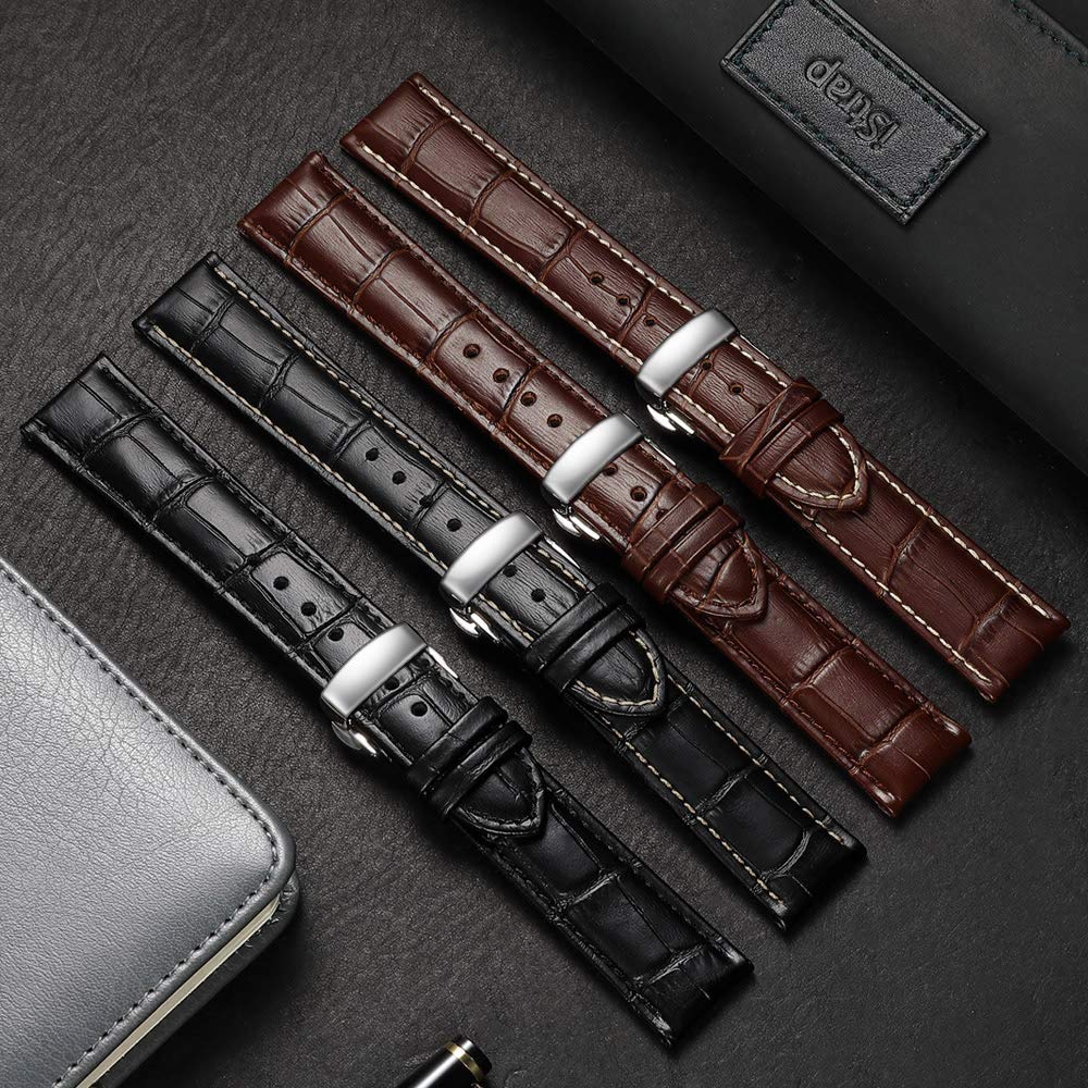 iStrap Leather Watch band -Alligator Grain Embossed Pattern Calfskin Replacement Strap-Stainless Steel Deployment Buckle with Push Buttons-Bracelet for Men Women-18mm 19mm 20mm 21mm 22mm 24mm