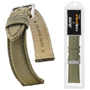 STUNNING SELECTION Alpine CORDURA fabric top and water resistant leather lining watch strap with Quick Release Spring Bars - Olive Green 22 mm