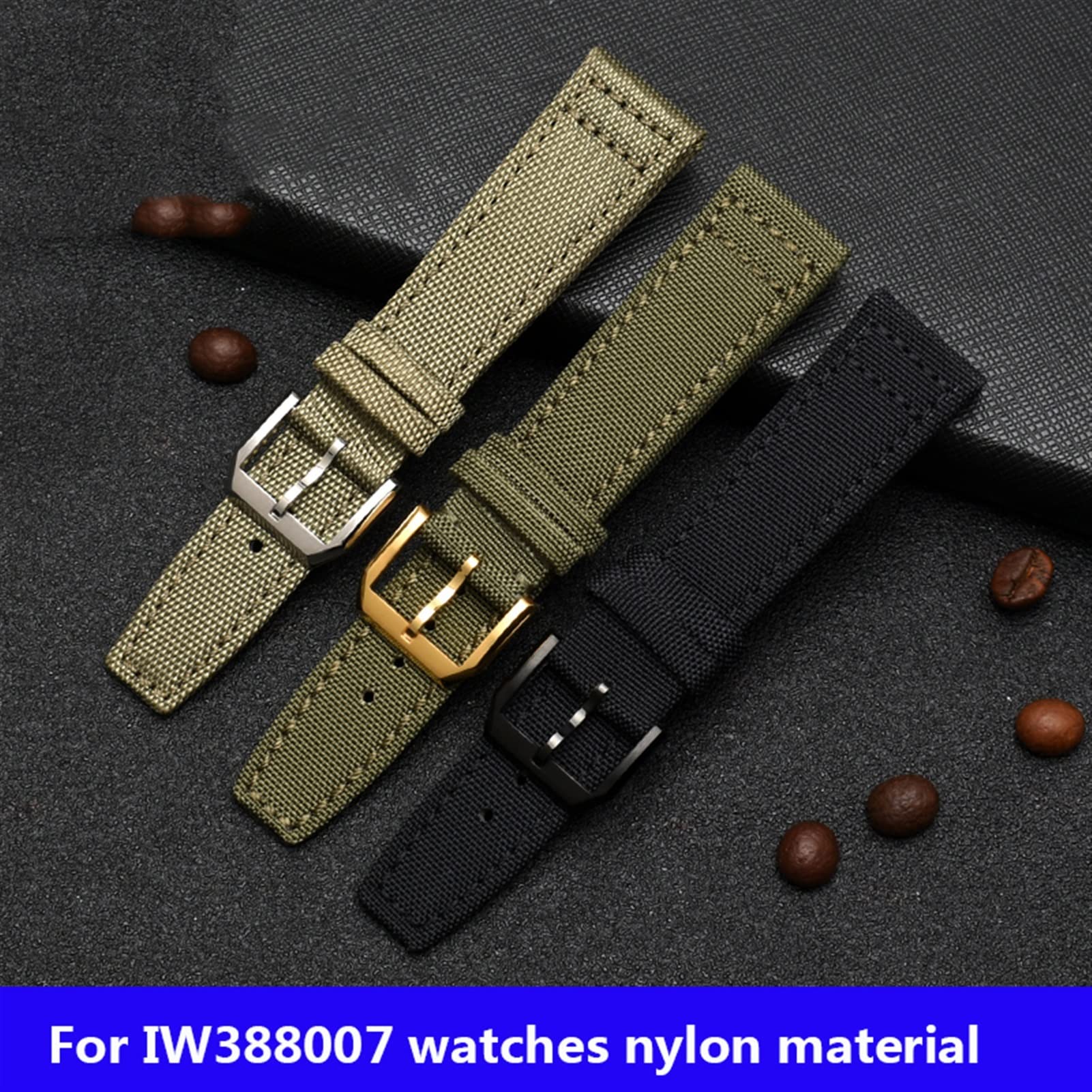 RAYESS for IWC Pilot Spitfire Timezone TopGun Strap Green Black Belts Wristwatch Straps 20mm 21mm 22mm Nylon Canvas Fabric Watch Band (Color : Pin Green Black, Size : 21mm)