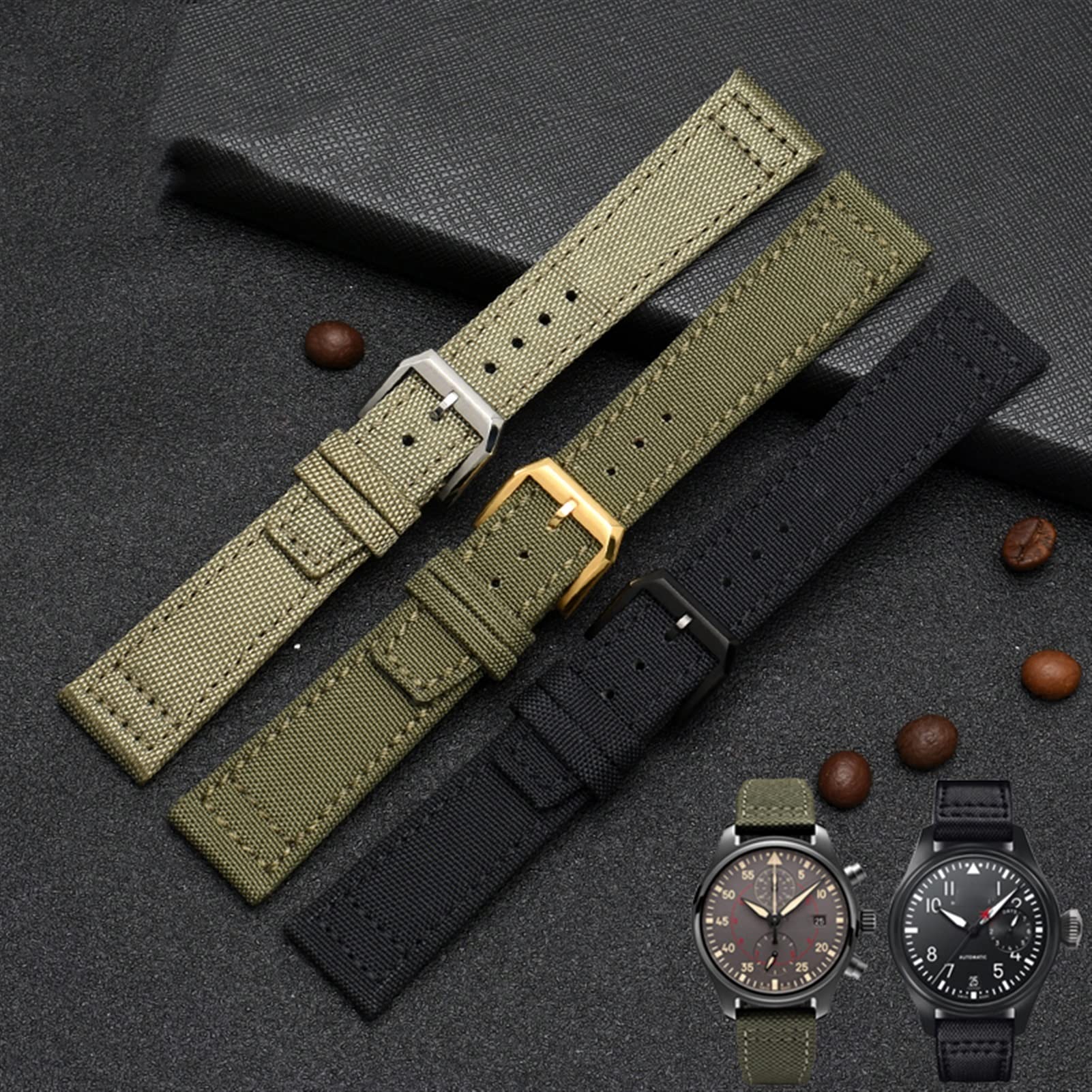 RAYESS for IWC Pilot Spitfire Timezone TopGun Strap Green Black Belts Wristwatch Straps 20mm 21mm 22mm Nylon Canvas Fabric Watch Band (Color : Pin Green Black, Size : 21mm)