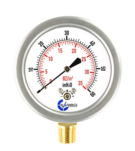 CARBO Instruments Diaphragm Low Pressure Capsule Gauge, 2-1/2" Dial, 0-35 oz/0-60in H2O Range, 1/4" NPT Lower Mount, Stainless Steel Case, Brass Internals, Adjustable, Dual Scale 35 oz/60 inH2O (IWC)