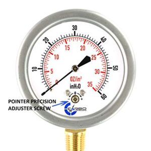 CARBO Instruments Diaphragm Low Pressure Capsule Gauge, 2-1/2" Dial, 0-35 oz/0-60in H2O Range, 1/4" NPT Lower Mount, Stainless Steel Case, Brass Internals, Adjustable, Dual Scale 35 oz/60 inH2O (IWC)