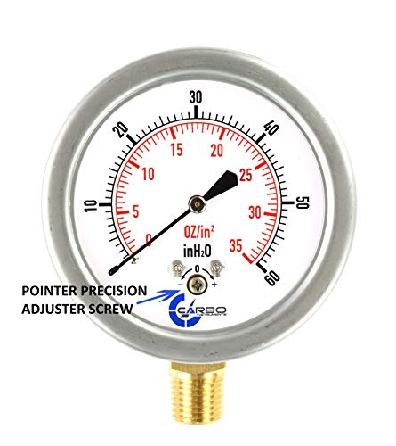 CARBO Instruments Diaphragm Low Pressure Capsule Gauge, 2-1/2" Dial, 0-35 oz/0-60in H2O Range, 1/4" NPT Lower Mount, Stainless Steel Case, Brass Internals, Adjustable, Dual Scale 35 oz/60 inH2O (IWC)