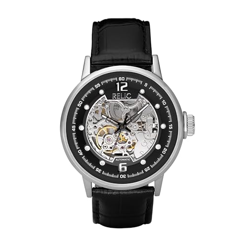 Relic by Fossil Men's Damon Silver Stainless Steel and Black Leather Band Automatic Watch (Model: ZR77224)