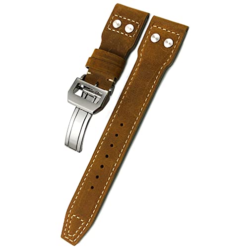 Genuine Leather With Rivets Watchband 20mm 21mm 22mm Fit for IWC Big Pilot's Watches Le Petit Prince TOP GUN IW3777 IW3293 Wristband Folding Buckle Cowhide Watch Strap (Crazy horse leather, 22mm)