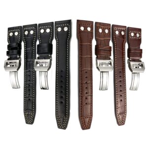 Genuine Leather With Rivets Watchband 20mm 21mm 22mm Fit for IWC Big Pilot's Watches Le Petit Prince TOP GUN IW3777 IW3293 Wristband Folding Buckle Cowhide Watch Strap (Crazy horse leather, 22mm)